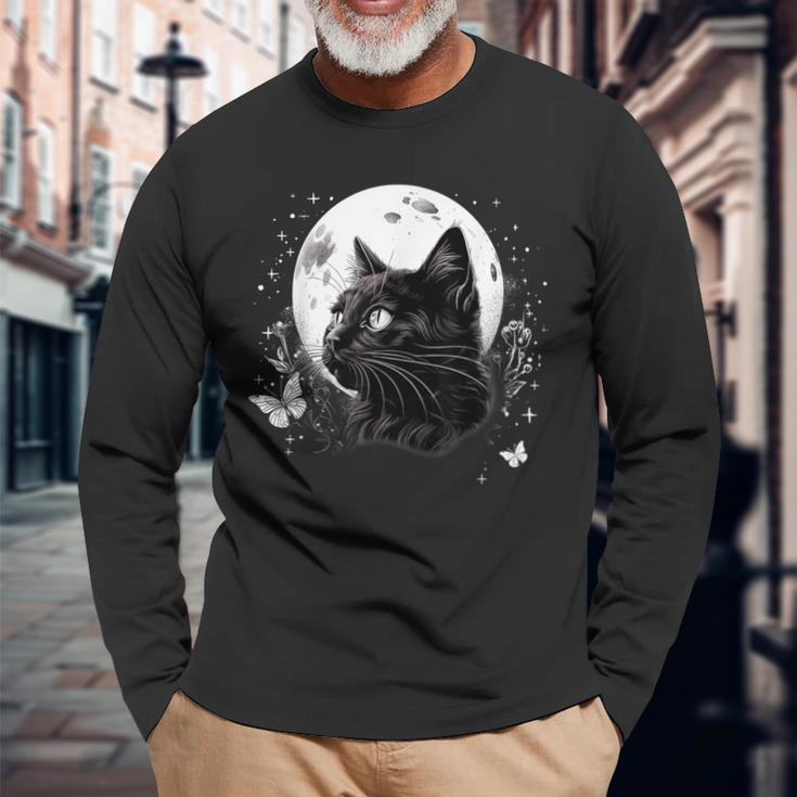 Vintage Cat Flowers Butterflies Moon Celestial Mystical Long Sleeve T-Shirt Gifts for Old Men