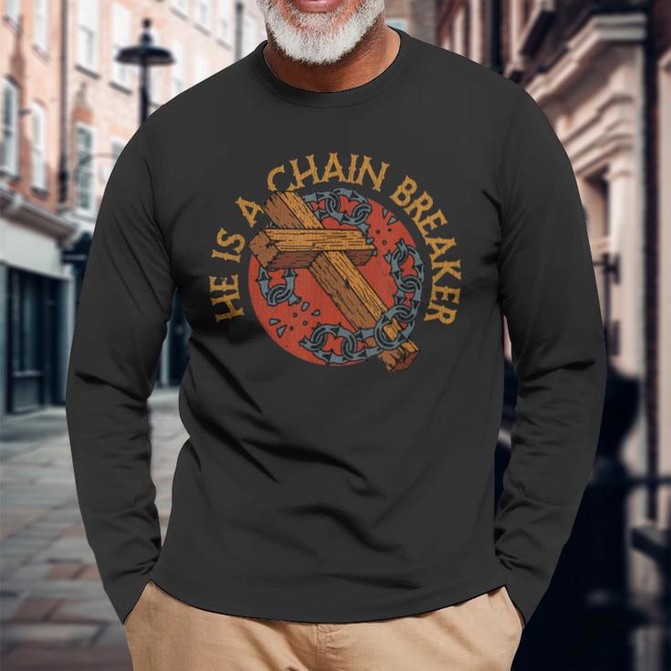 Vintage Chain Breaker Saved Born Again Cross Long Sleeve T-Shirt Gifts for Old Men