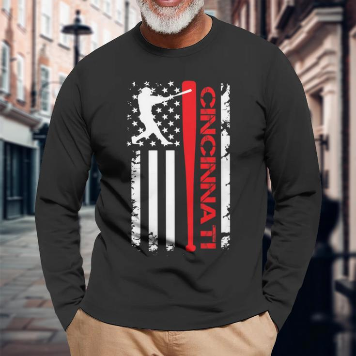 Vintage Cincinnati Baseball American Us Flag Long Sleeve T-Shirt Gifts for Old Men