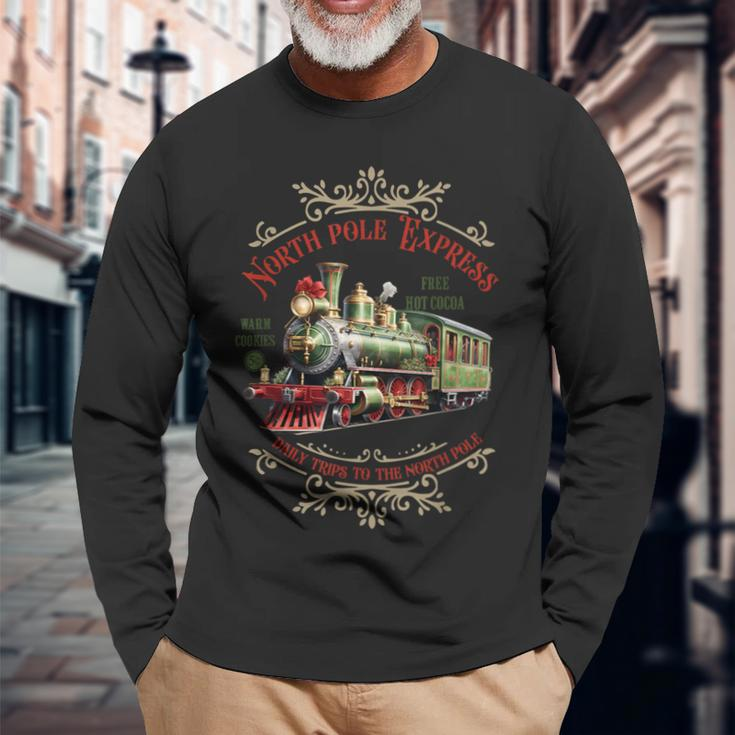 Vintage Family Holiday North Pole Polar Express All Abroad Long Sleeve T-Shirt Gifts for Old Men