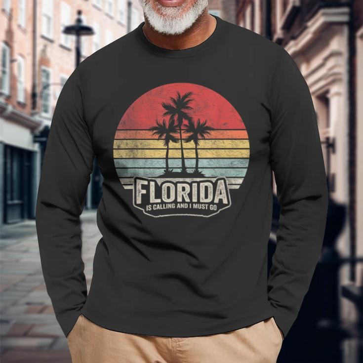 Vintage Florida Is Calling I Must Go Summer Florida Vacation Long Sleeve T-Shirt Gifts for Old Men