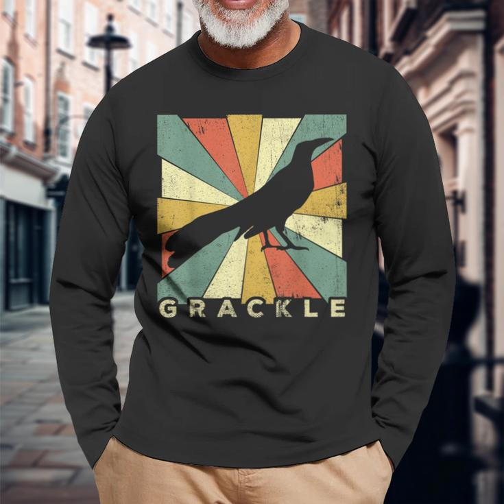 Vintage Grackle Bird Lover Retro Style Animal Long Sleeve T-Shirt Gifts for Old Men