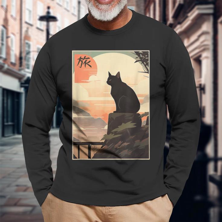 Vintage Japanese Scenery Kanji Writing Journey Black Cat Long Sleeve T ...