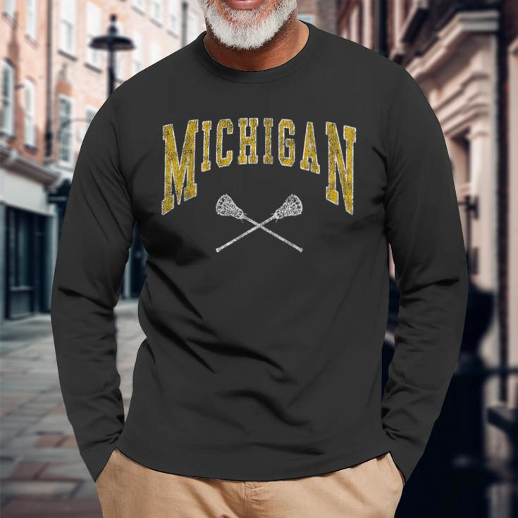 Vintage Michigan Lacrosse Distressed Lax Player Michigan Fan Long Sleeve T-Shirt Gifts for Old Men