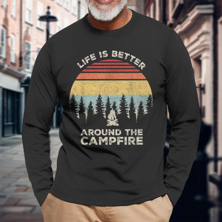Vintage Retro Life Is Better Around The Campfire Camping Long Sleeve T-Shirt Gifts for Old Men