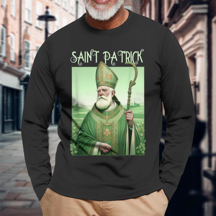 Vintage St Patrick Saint Patty Clover Catholic Prayer Faith Long Sleeve T-Shirt Gifts for Old Men