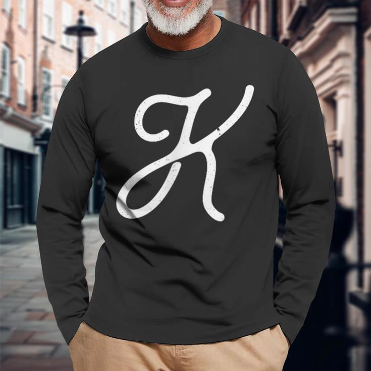 Vintage-Style Letter K Initial Monogram Script Font Long Sleeve T-Shirt Gifts for Old Men