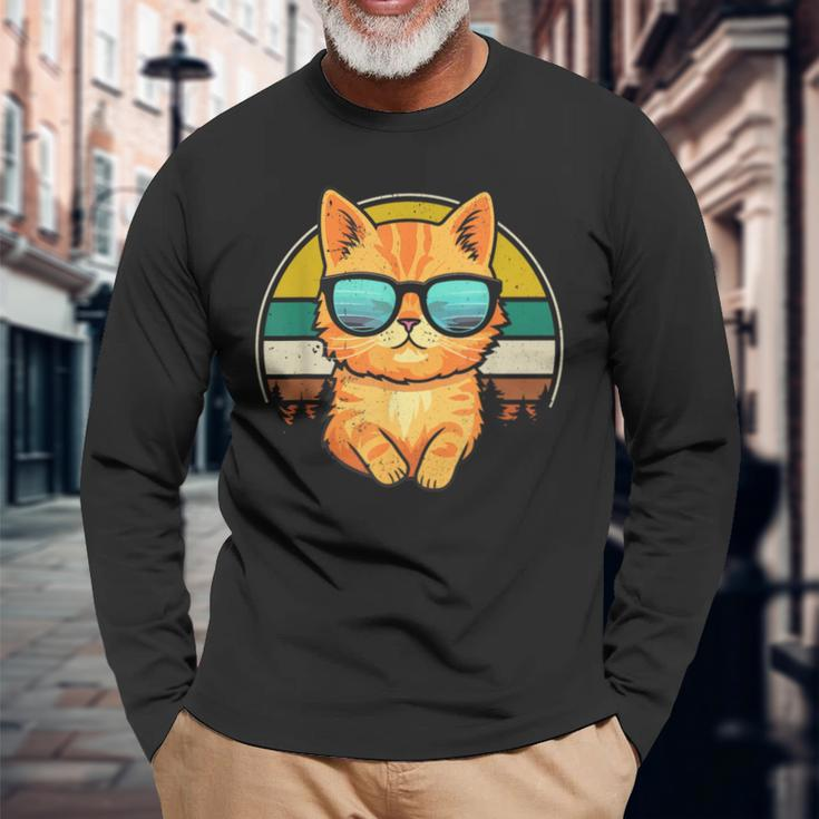 Vintage Style Orange Tabby Cat Friendly Wearing Sunglasses Long Sleeve T-Shirt Gifts for Old Men