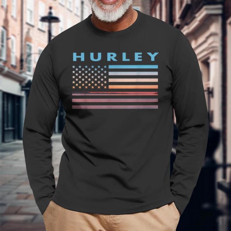 Vintage Sunset American Flag Hurley Virginia Long Sleeve T-Shirt Gifts for Old Men