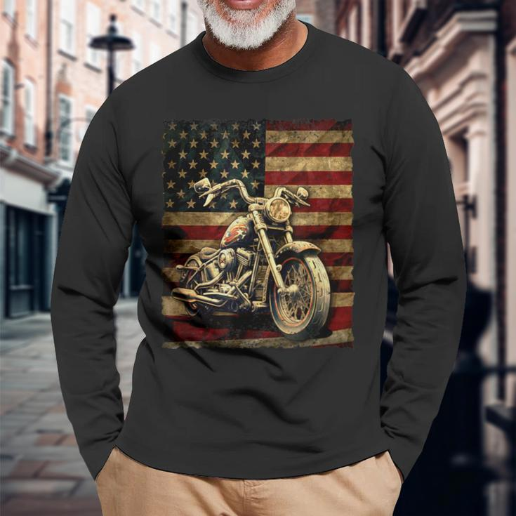 Vintage Usa Flag Motorcycle Retro Biker Mens Long Sleeve T-Shirt Gifts for Old Men