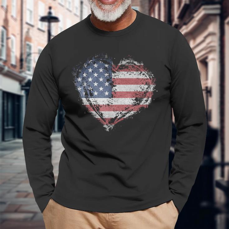 Vintage Usa Heart Shape American Flag Stylish Long Sleeve T-Shirt Gifts for Old Men