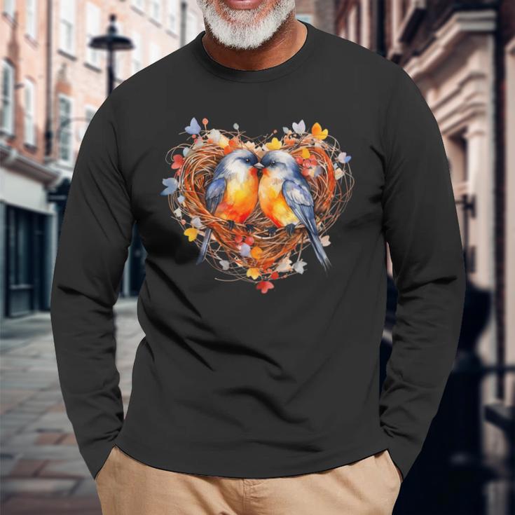 Vogelpaar Hochzeitögel Im Nest Aus Blumen Flitterwochen Langarmshirts Geschenke für alte Männer