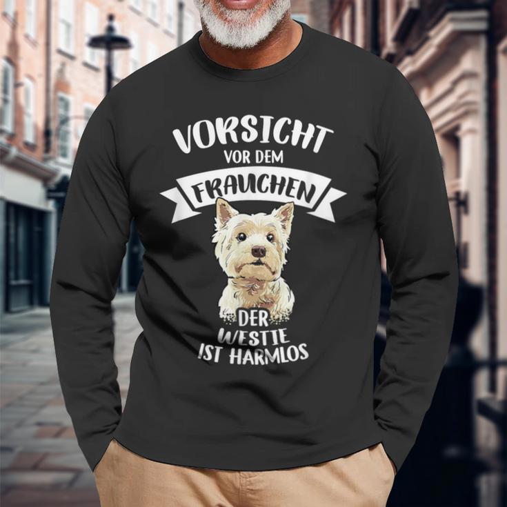 Vorsichtor Dem Frauchen Der Westie Ist Harmlos Gassi Langarmshirts Geschenke für alte Männer