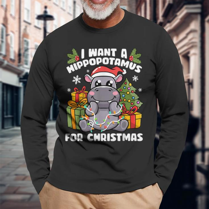 I Want A Hippopotamus For Christmas Hippo Christmas Long Sleeve T-Shirt Gifts for Old Men