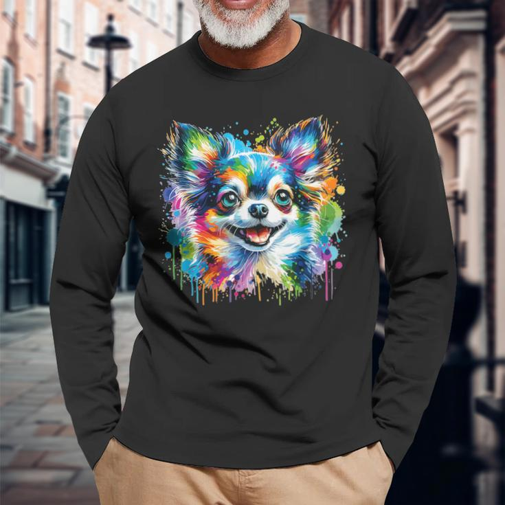 Watercolor Colorful Chihuahua Dogs Long Sleeve T-Shirt Gifts for Old Men