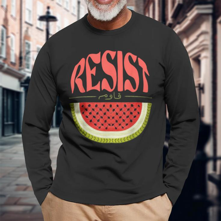 Watermelon Resist Palestine Arabic Watermelon Flag Long Sleeve T-Shirt Gifts for Old Men