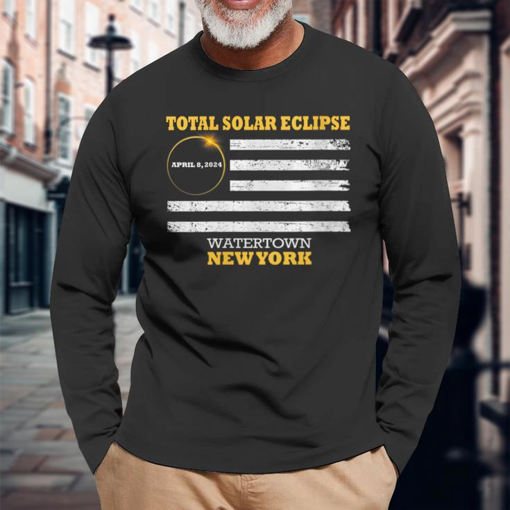 Watertown New York Solar Eclipse 2024 Us Flag Long Sleeve T-Shirt Gifts for Old Men