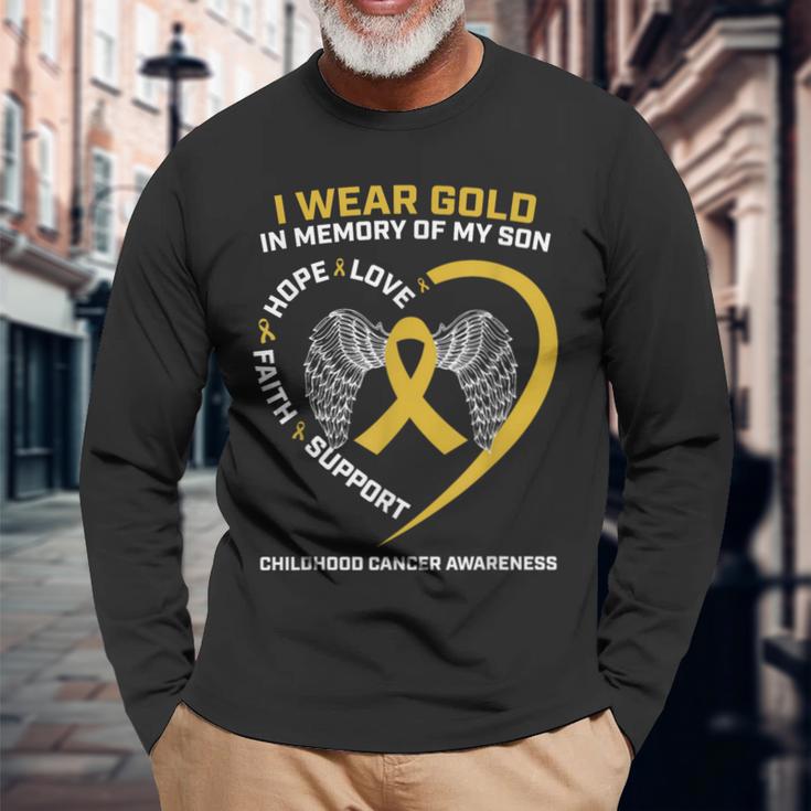 I Wear Gold In Memory Of My Son Childhood Cancer Awareness Long Sleeve T-Shirt Gifts for Old Men