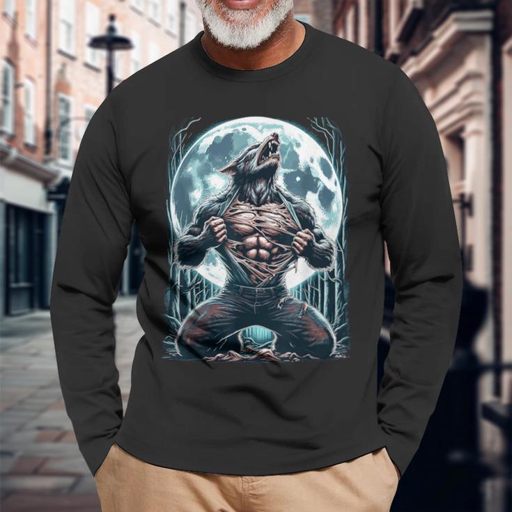 Werewolf Tearing Meme Ripping Alpha Tear Wolf Fullmoon Long Sleeve T-Shirt Gifts for Old Men