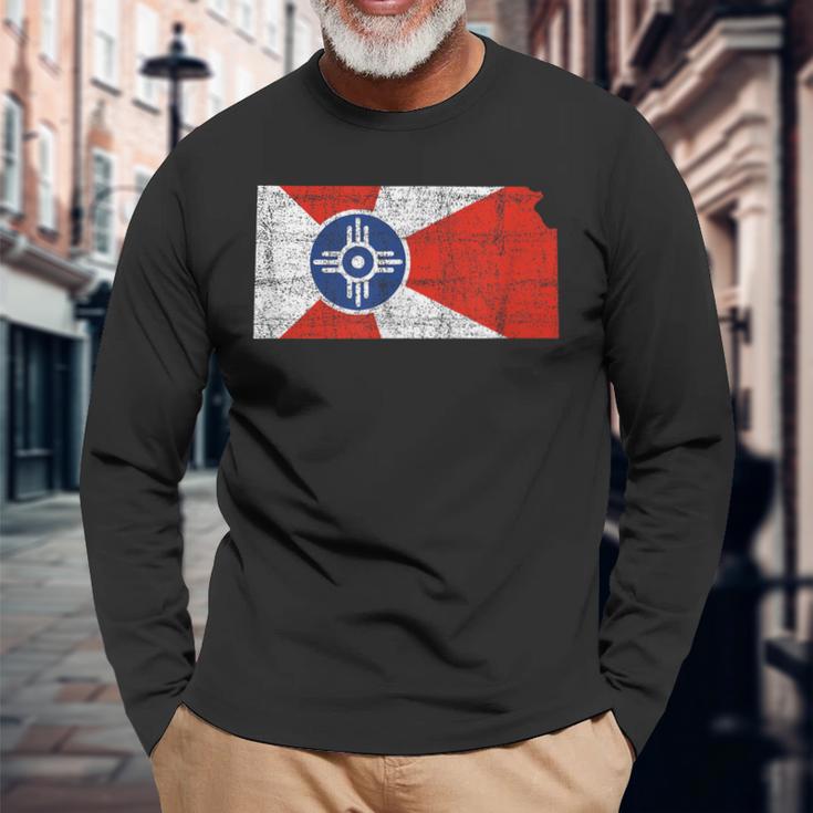 Wichita Kansas Flag Distressed Wichita Kansas Long Sleeve T-Shirt Gifts for Old Men