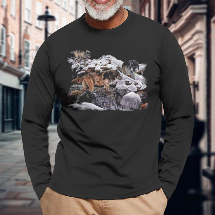 Wolf Sweat Wildlife Wolf Mountain Three Wolf Long Sleeve T-Shirt Gifts for Old Men