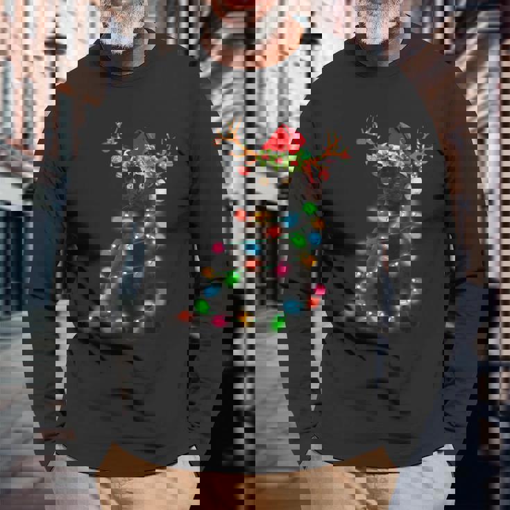 Xmas Reindeer Black Cat Christmas Lights Cat Lover Long Sleeve T-Shirt Gifts for Old Men