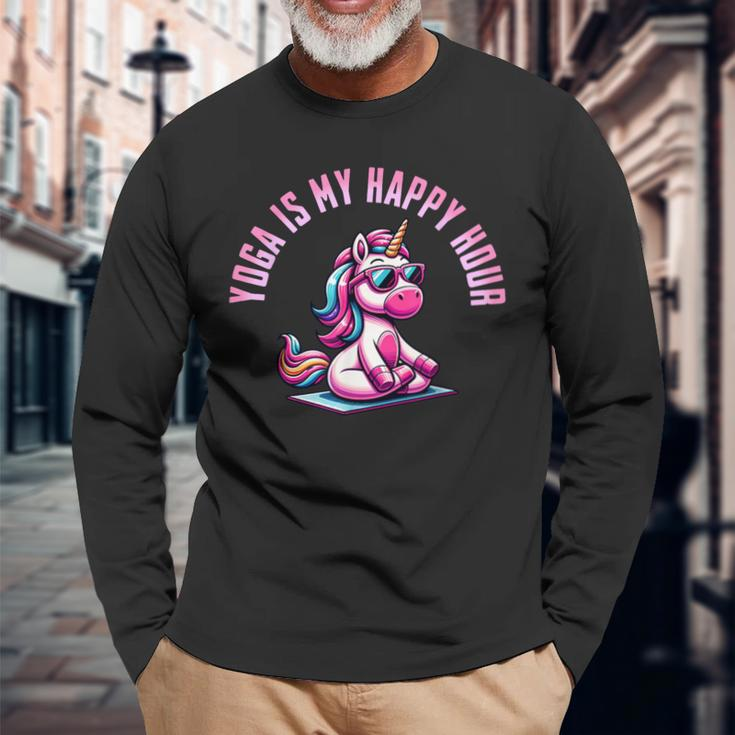 Yoga Is My Happy Hour Unicorn Vintage Yoga Saying Long Sleeve T-Shirt Gifts for Old Men