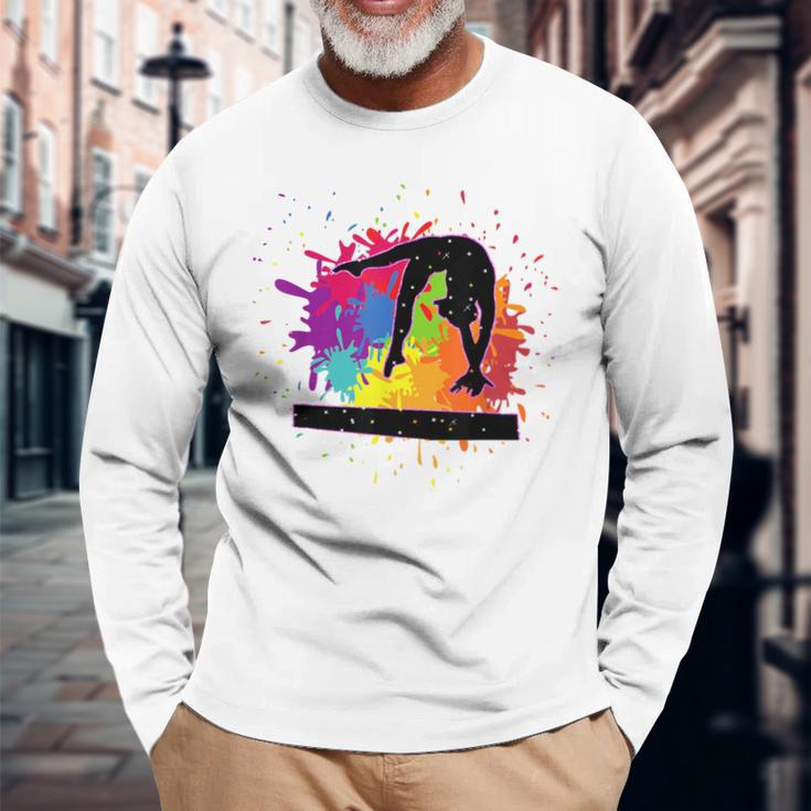 Artistic Gymnastics Balance Beam Paint Splatter Long Sleeve T-Shirt Gifts for Old Men