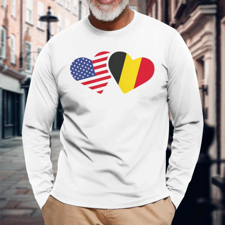 Belgium Usa FlagHeart Belgian Americans Love Cute Long Sleeve T-Shirt Gifts for Old Men