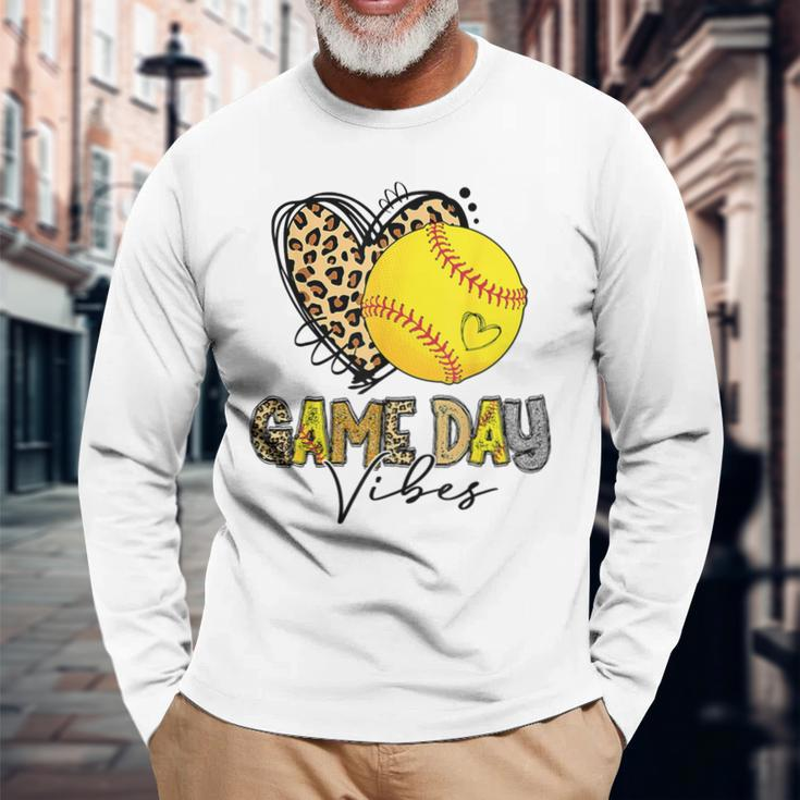 Bleached Softball Game Day Vibes Leopard Heart Headband Mom Long Sleeve T-Shirt Gifts for Old Men