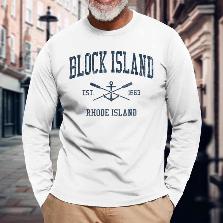 Block Island Ri Vintage Navy Crossed Oars & Boat Anchor Long Sleeve T-Shirt Gifts for Old Men