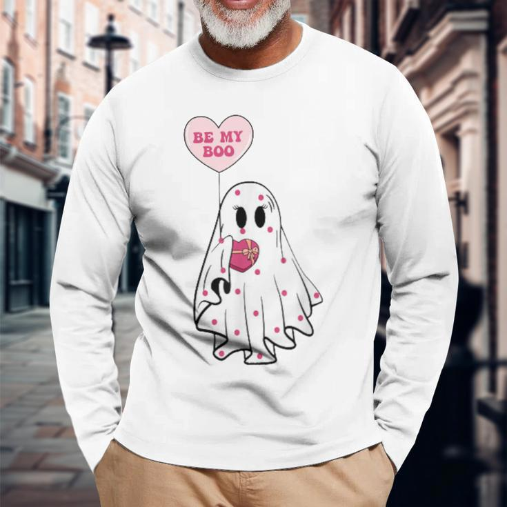 Be My Boo Cute Ghost Valentine's Day Lovers Hearts Long Sleeve T-Shirt Gifts for Old Men