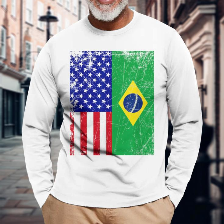 Brazilian American Flag Half Brazil Half Usa Pride Long Sleeve T-Shirt Gifts for Old Men