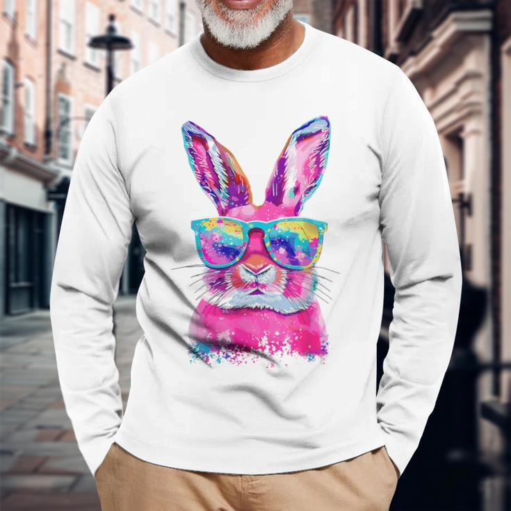Bunny Face With Tie Dye Glasses Happy Easter Day Boy Kid Long Sleeve T-Shirt Gifts for Old Men