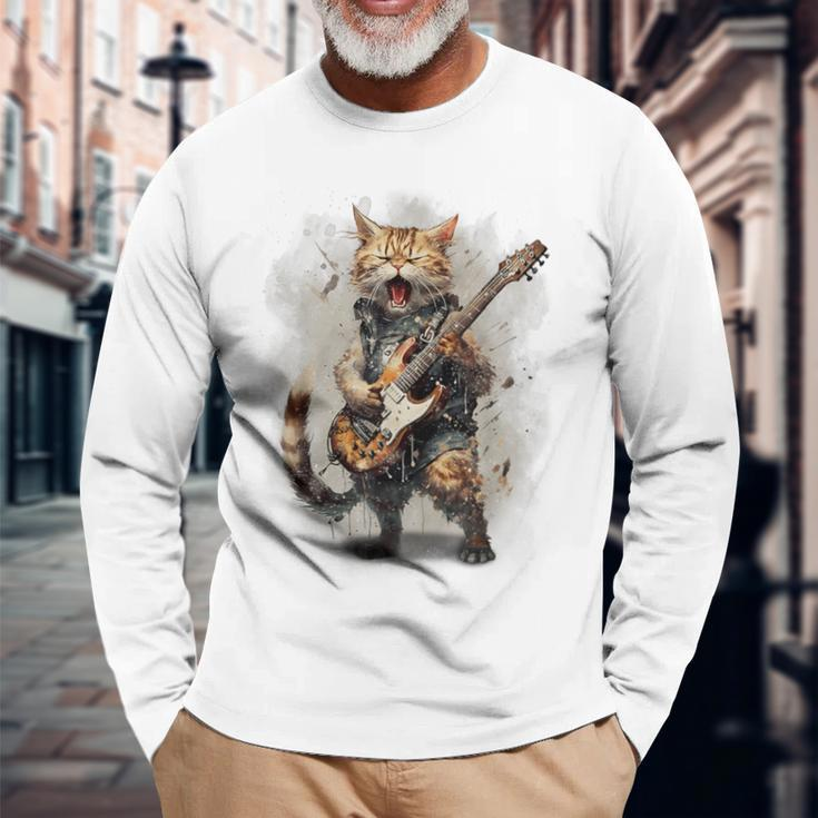 Cat Singing With Electric Guitar Vintage Long Sleeve T-Shirt Gifts for Old Men