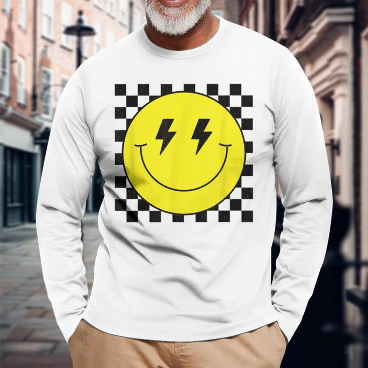 Checkered Lightning Eyes Yellow Smile Face Happy Face Long Sleeve T-Shirt Gifts for Old Men
