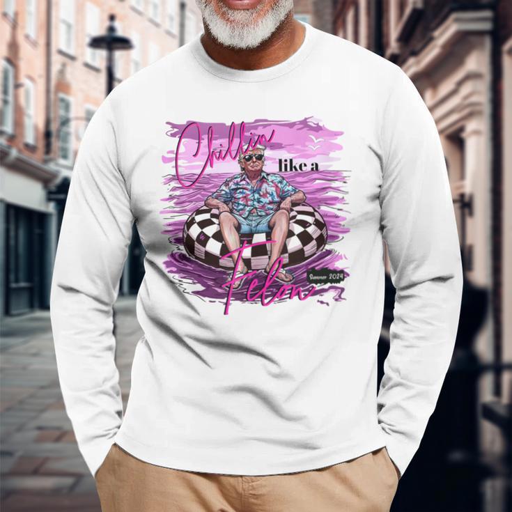 Chillin Like A Felon Retro Pink Summer Trump 2024 Long Sleeve T-Shirt Gifts for Old Men