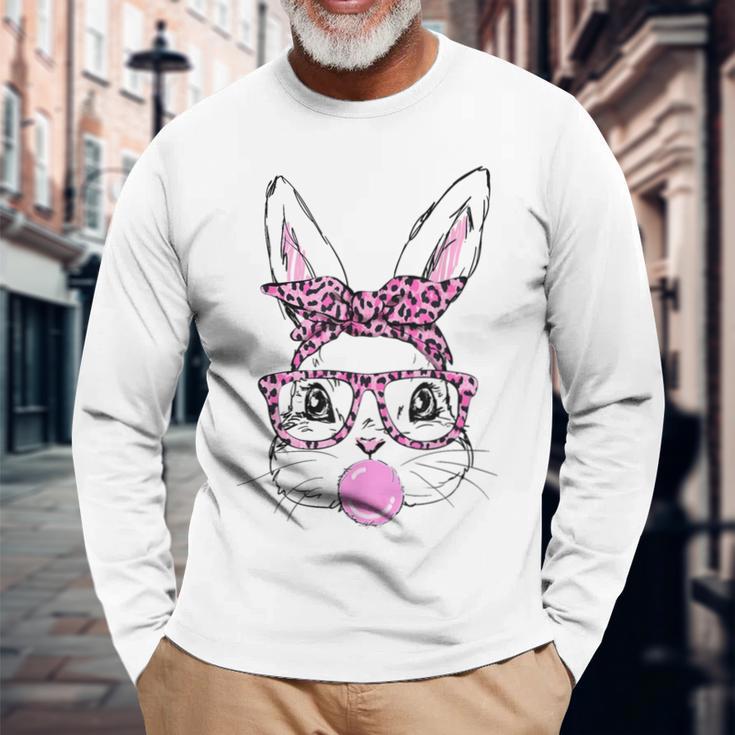 Cute Bunny Face Pink Glasses Leopard Bublegum Easter Day Long Sleeve T-Shirt Gifts for Old Men