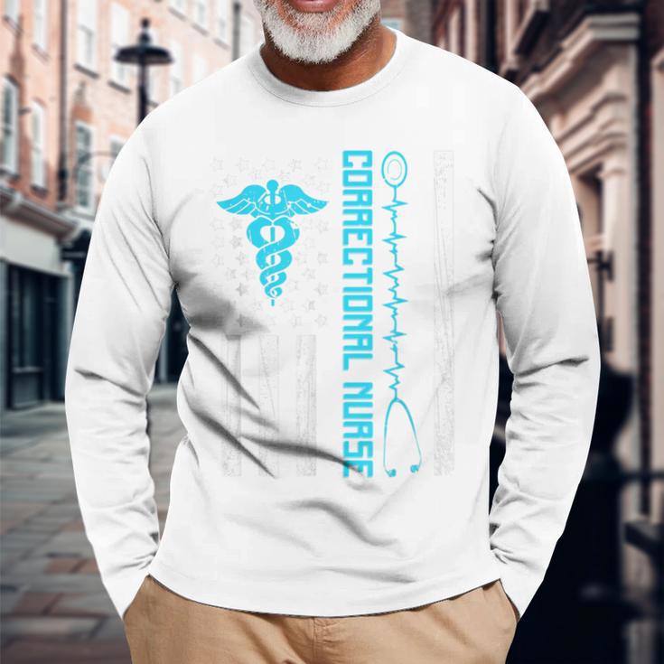 Cute Correctional Nurse Us Flag Nursing Healthcare Nurses Long Sleeve T-Shirt Gifts for Old Men