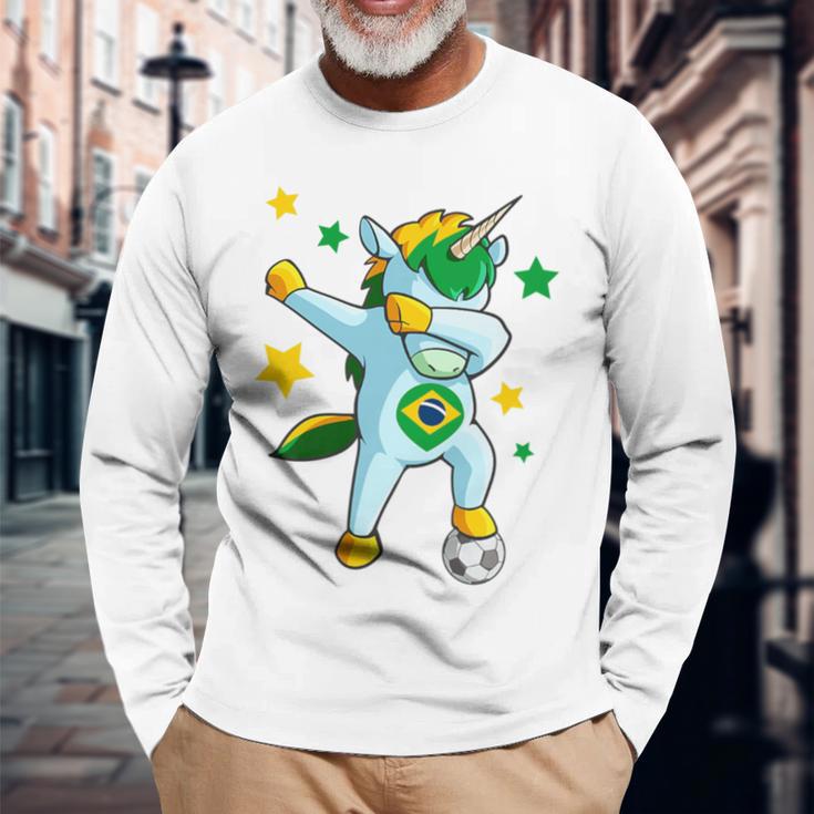 Dabbing Unicorn Support Jersey Brazil Soccer Girls Long Sleeve T-Shirt Gifts for Old Men