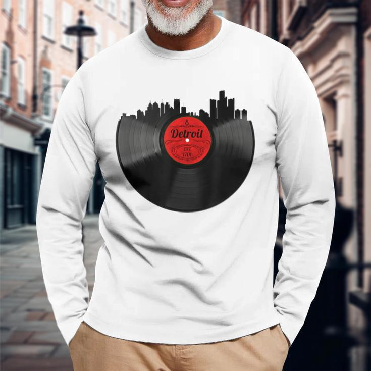 Detroit Vintage Michigan Skyline Vinyl Record Long Sleeve T-Shirt Gifts for Old Men