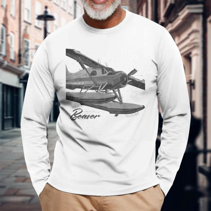 Dhc-2 Beaver Floatplane Charcoal Drawing Airplane Long Sleeve T-Shirt Gifts for Old Men