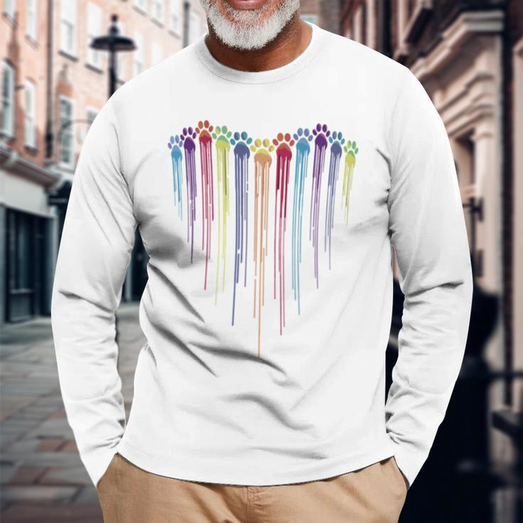 Dog Paws Heart Watercolors Painting Heart Dogs Paw Rainbow Long Sleeve T-Shirt Gifts for Old Men
