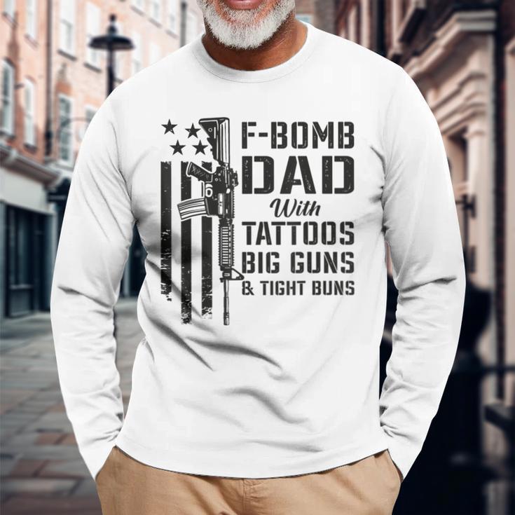 F Bomb Dad Tattoos Big Guns & Tight Buns Camo Gun Long Sleeve T-Shirt Gifts for Old Men