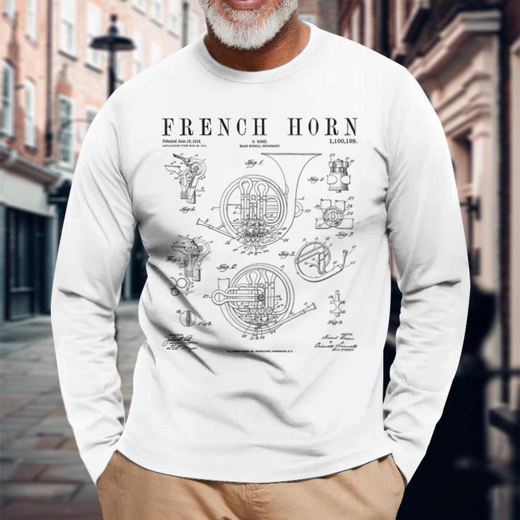 French Horn Old Vintage Antique Patent Drawing Print Long Sleeve T-Shirt Gifts for Old Men