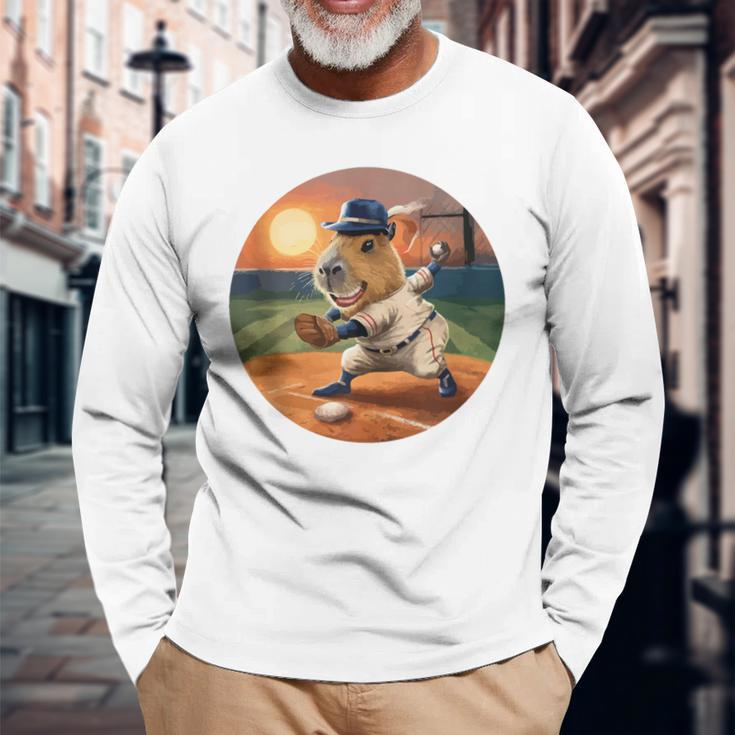 Capybara Playing Baseball Vintage Sunset Sun Capybara Long Sleeve T-Shirt Gifts for Old Men