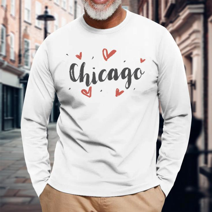 I Heart Chicago Illinois Cute Love Hearts Long Sleeve T-Shirt Gifts for Old Men