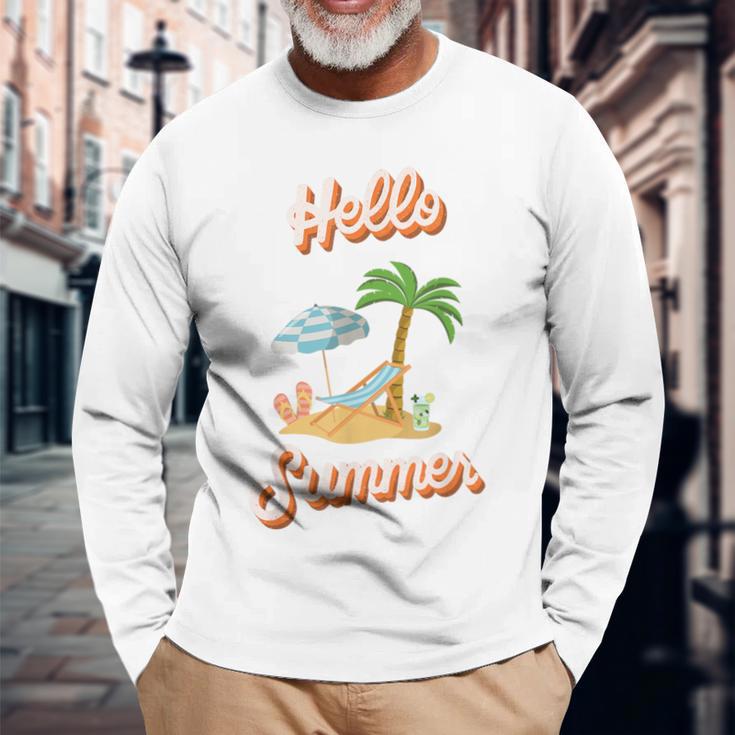 Hello Summer – Mit Sand Meer Sonnenschirm Und Palmenstimmung Langarmshirts Geschenke für alte Männer