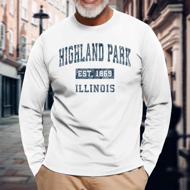 Highland Park Illinois Il Vintage Sports Navy Print Long Sleeve T-Shirt Gifts for Old Men