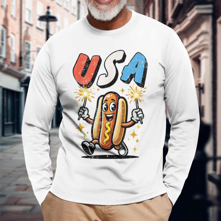 Hot Dog 4Th Of July Fireworks Independence Day Retro Long Sleeve T-Shirt Gifts for Old Men